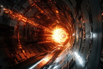 Bright energy surge in a futuristic tunnel structure during a scientific experiment
