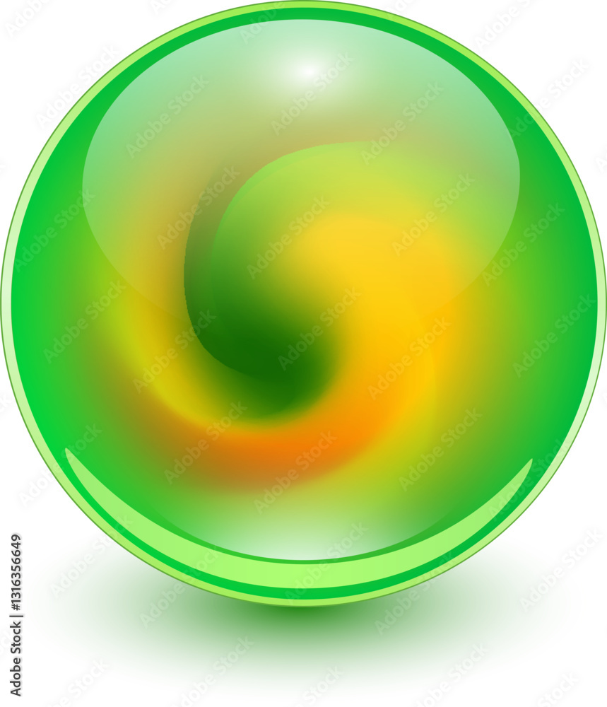 Poster glass ball with abstract spiral shape inside, green shiny sphere with interesting marble pattern.