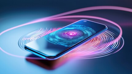 A futuristic smartphone wirelessly absorbing energy from the air, glowing tech aura, no cables, next gen charging, modern innovation