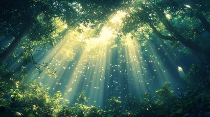 Obraz premium Beautiful sunlight streams through a dense forest canopy of green leaves