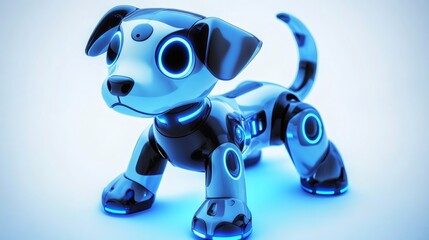 Futuristic robotic puppy with gleaming blue accents on a bright background