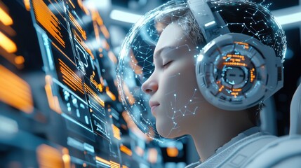 A hyper realistic portrait of a person surrounded by floating holographic data screens, ultra detailed cyberpunk UI, high tech futuristic atmosphere