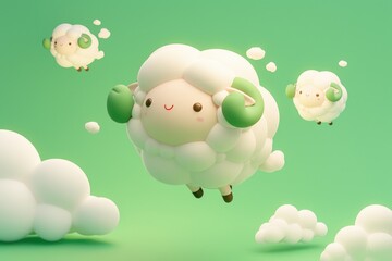 Naklejka premium Three adorable cartoon sheep with fluffy clouds are floating
