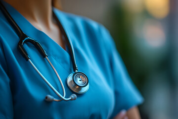 Healthcare professional in blue scrubs with stethoscope
