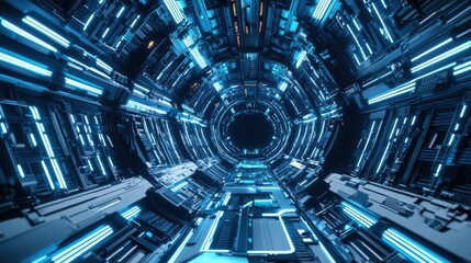Fototapeta premium A massive futuristic data center with endless glowing blue server racks, complex digital infrastructure, high tech cyber security, deep sci fi atmosphere