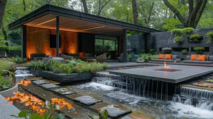 Gordijnen Modern outdoor garden space with sunken seating area and striking water feature © Gro