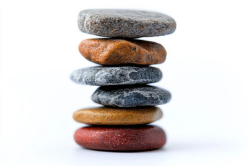Stacked stones in various colors and textures on white background