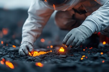 A scientist in a heat-resistant suit kneels near an erupting volcano, carefully gathering lava samples while molten rock glows brightly in the background during a volcanic event