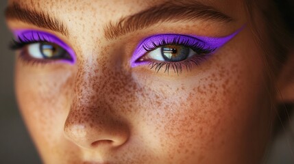 Close-up view highlights a stunning young model showcasing vibrant purple eyeliner around her expressive eyes, contrasting beautifully with her freckled skin
