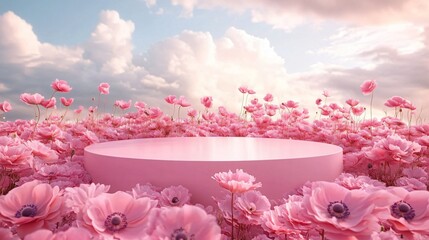 A dreamy product display on a pastel pink circular platform surrounded by delicate anemone flowers, perfect for cosmetic and romantic event promotions like Valentine's Day or Easter.