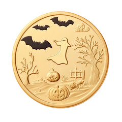 Halloween themed chocolate coin featuring ghost, bats, pumpkins, and spooky tree, perfect for festive celebrations