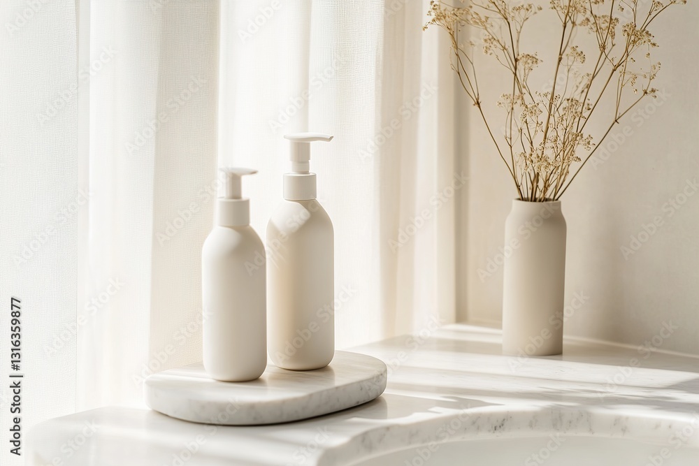 Poster a refined setting features high-end shampoo and conditioner bottles on a smooth marble countertop. s