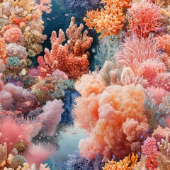 A lush coral reef teeming with diverse corals and marine life beneath crystal clear waters Seamless Texture