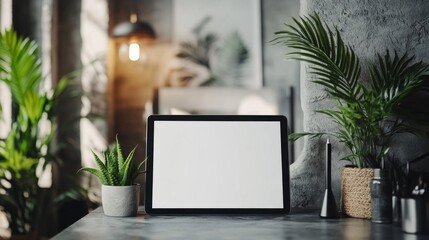 Blank Tablet Screen Mockup on Modern Desk with Plants