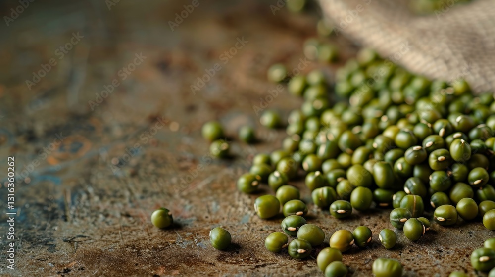 Poster mung bean seeds scattered on a table with empty space for text or image placement in a clean and min