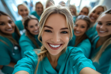 Fototapeta premium Smiling healthcare professionals in scrubs, showcasing teamwork and positivity