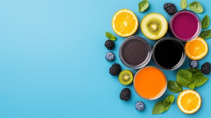 Colorful Fruit Juices with Fresh Fruits, Healthy Drinks, Detox, Diet, Vitamins, and Wellbeing on Blue Background.