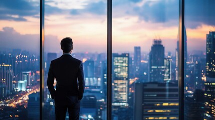 Businessman Looking Out of Office Window Over City Skyline at Dusk