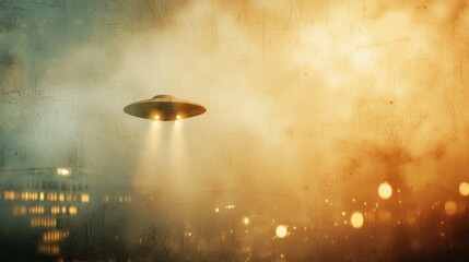 A vintage UFO hovering over a retro futuristic city, its lights dimly glowing through thick atmospheric fog, faded comic book colors, old paper texture
