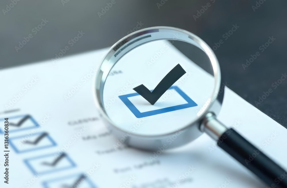 Poster magnifying glass and check mark icon,show check the authenticity of the document,concept of rules of conduct rules and policies company regulations Terms and Conditions