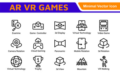 AR VR Games Icons Collection. Vector-Based Icons for Virtual Reality, Augmented Reality, Gaming, and Immersive Tech