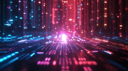 Obraz premium Futuristic digital artwork of a grid-like wave pattern illuminated in vibrant blue and orange, symbolizing dynamic motion, depth, and advanced data visualization concepts.