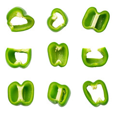Fresh green bell peppers cut various shapes and angles, showcasing their vibrant color and texture. Perfect for culinary use or food photography