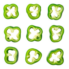 Fresh green bell pepper slices arranged in grid pattern, showcasing their vibrant color and unique shapes