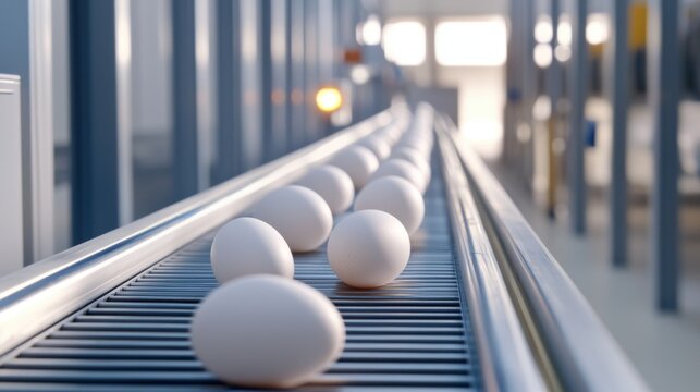 Fresh eggs traveling down a conveyor, carefully sorted for quality control, poultry farming, industrial food distribution