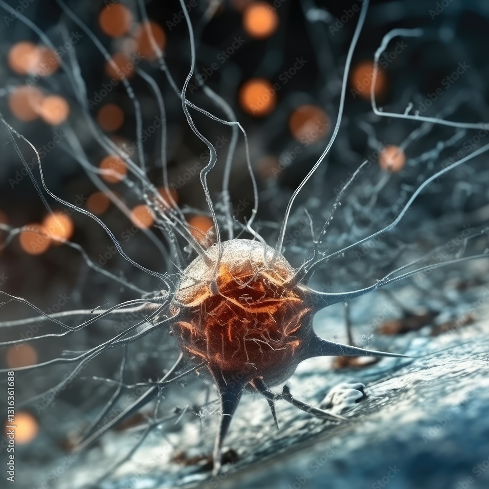 Poster neuron cell with dendrites and axon in a dark background