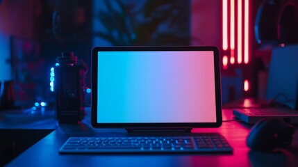 Blue And Red Neon Lit Gaming Setup With Tablet
