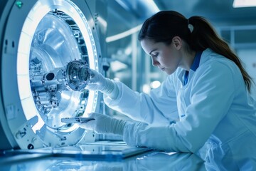 A female aerospace engineer examines intricate spacecraft components in a cleanroom. She meticulously analyzes each part, ensuring precision and adherence to protocols in a high-tech environment