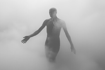 A man's silhouette, his form a stark white against the backdrop of a pristine white studio, his hand outstretched in a gesture of farewell or welcome, his face turned to the viewer, a silent 