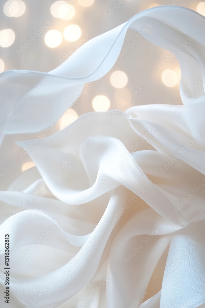 Poster soft white silk streamers sway gently in an elegant setting, creating a dreamy atmosphere enhanced b