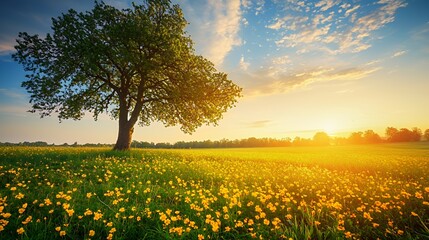 Single Tree in a Yellow Flower Field at Sunset