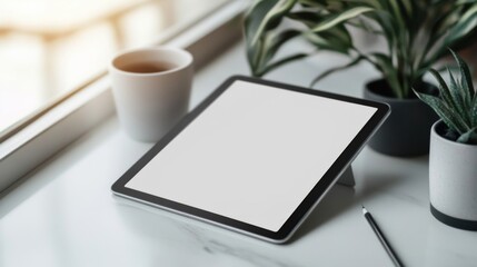 Blank Screen Tablet Mockup on White Desk with Plants
