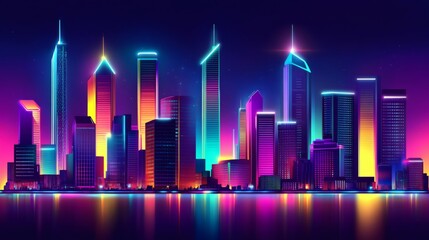 Vibrant Futuristic Cityscape with Neon Lights Reflecting on Water Surface