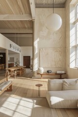 Open Plan Living Space with Tall Ceilings and Wood Floors in Monochromatic Color Scheme