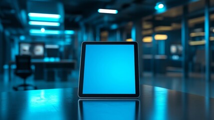 Blue Lit Tablet on Dark Reflective Desk in Modern Office