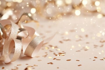 Metallic streamers and champagne-colored confetti create a warm, inviting atmosphere perfect for a stylish celebration. Gentle sparkles enhance the elegant mood and provide ample space for text