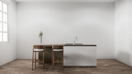 Kitchen bar on set kitchen shaped modern style white and wood concept. 3d rendering