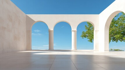 Empty light-colored archway patio with tree, clear sky