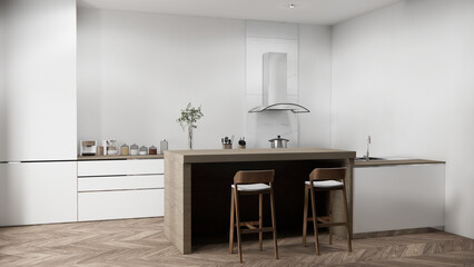 Kitchen bar on set kitchen shaped modern style white and wood concept. 3d rendering