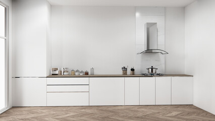 white kitchen room scene mockup and set shaped kitchen design. 3d rendering