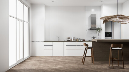 Kitchen bar on set kitchen shaped modern style white and wood concept. 3d rendering