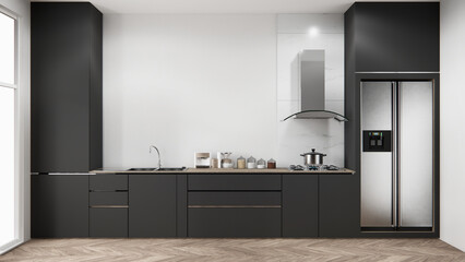 blank concept kitchen room scene mockup and set shaped kitchen design. 3d rendering