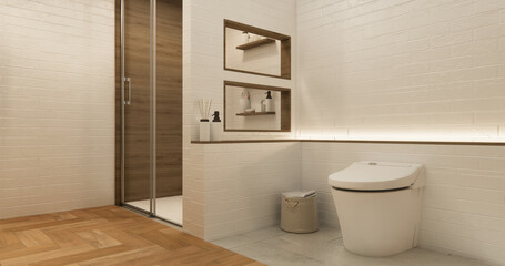 White Toilet and decoartion on modern zen toilet room japan style .3D rendering