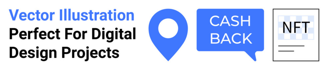 Location pin, cashback icon, and NFT card design representing e-commerce, rewards, and blockchain. Ideal for fintech, marketing, technology, navigation digital wallets NFT projects flat landing