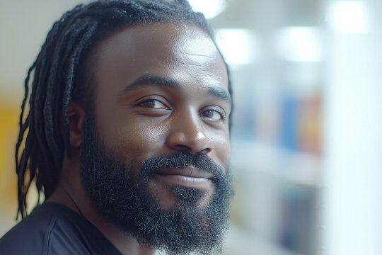Portrait of a smiling Black man with dreadlocks.  A close-up shot showcasing his happy expression and confident demeanor.