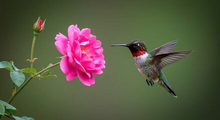 Naklejka premium Hummingbird gracefully hovers near vibrant pink rose soft natural light. AI Generated